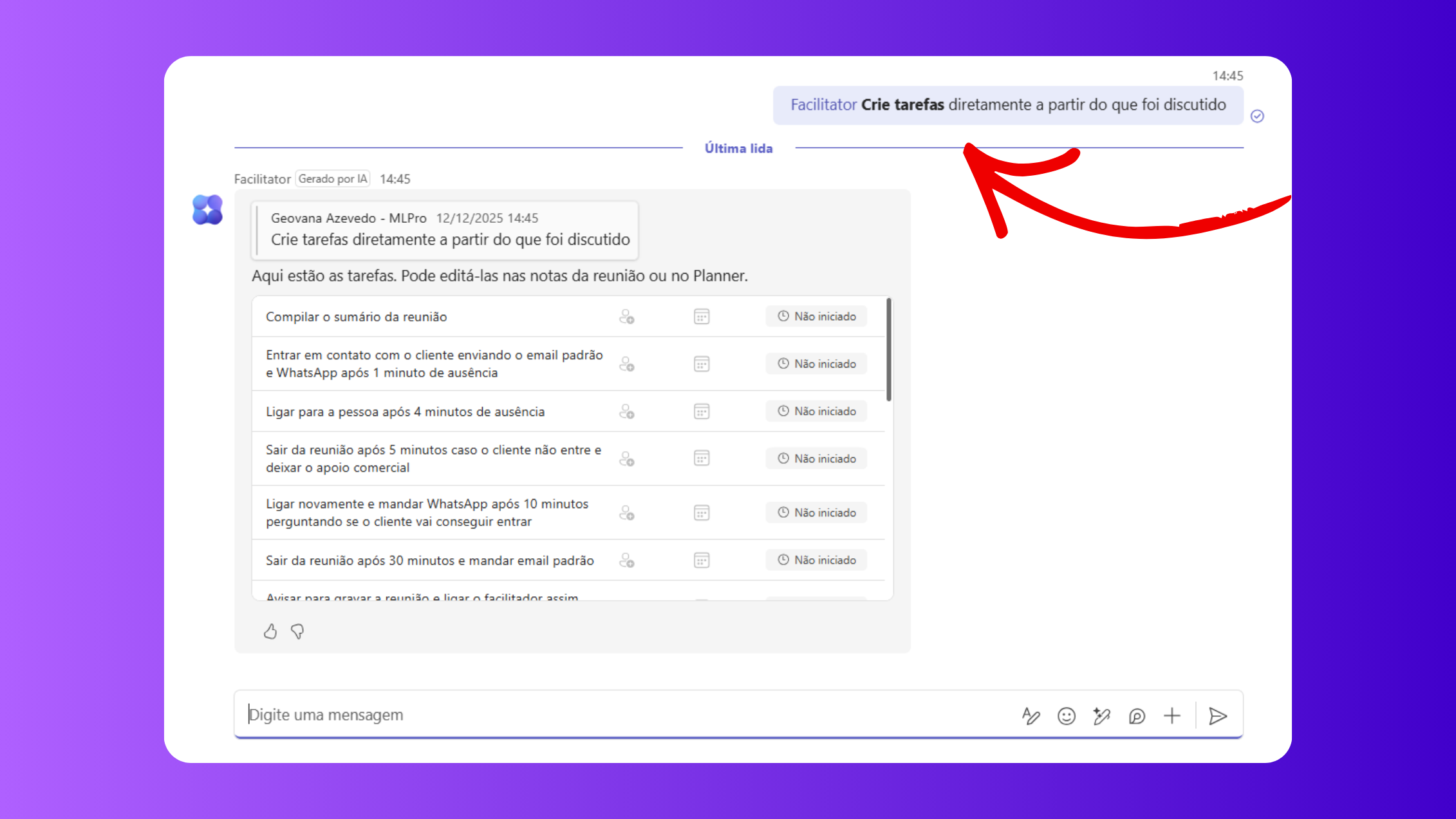 Crie tarefas diretamente a partir do que foi discutido
