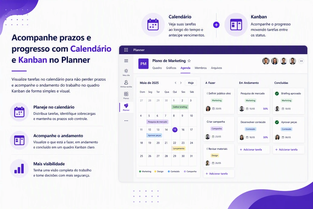 Acompanhe prazos e progresso com calendário e Kanban