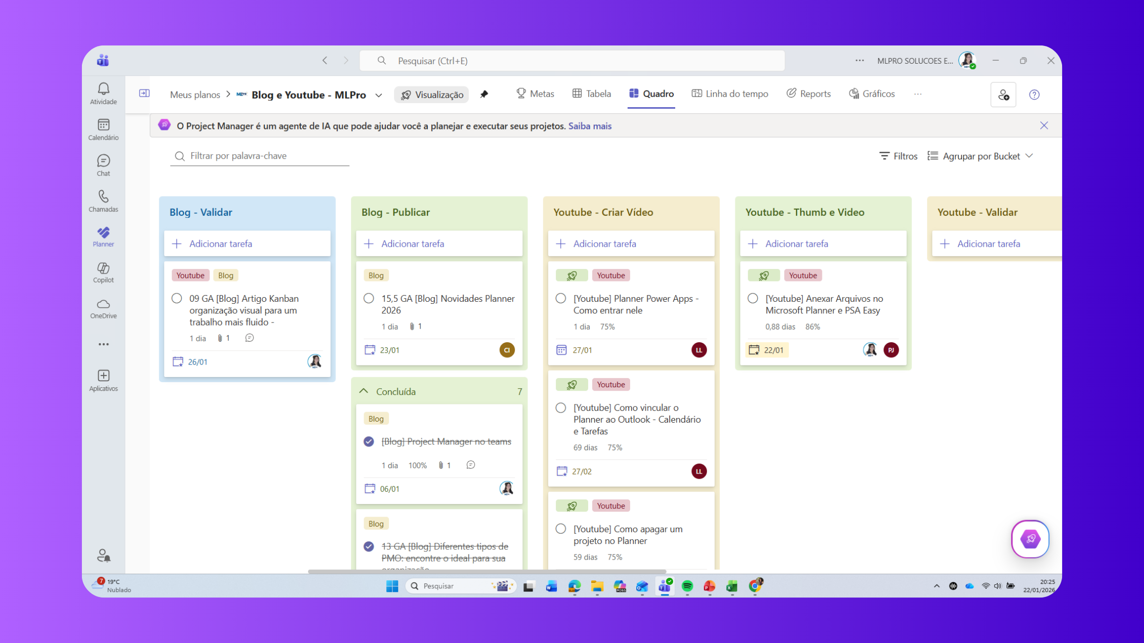 Exemplo de Kanban no Microsoft Planner