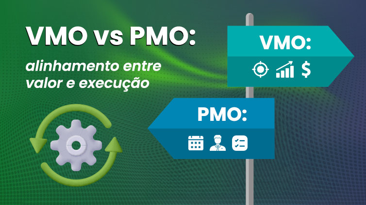 VMO vs PMO: diferenças e foco no valor estratégico Comparativo visual entre VMO e PMO destacando o alinhamento entre valor e execução na gestão de projetos, com ícones representando indicadores financeiros e operacionais.