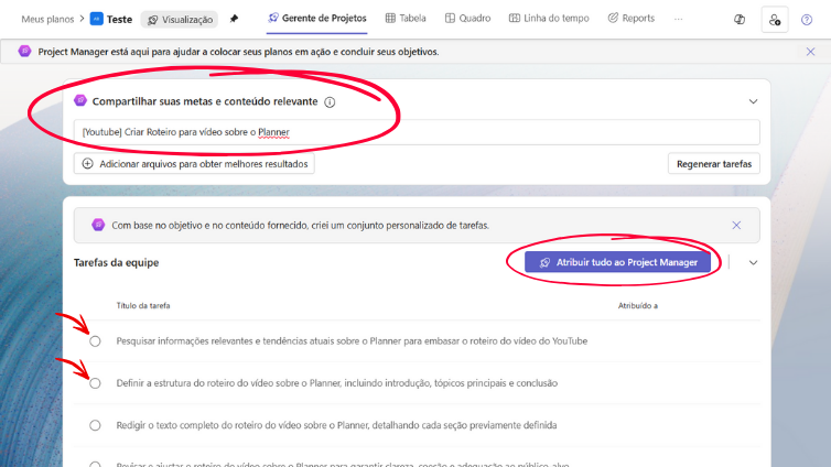 Tarefas geradas pelo Project Manager Agent, agora em português.