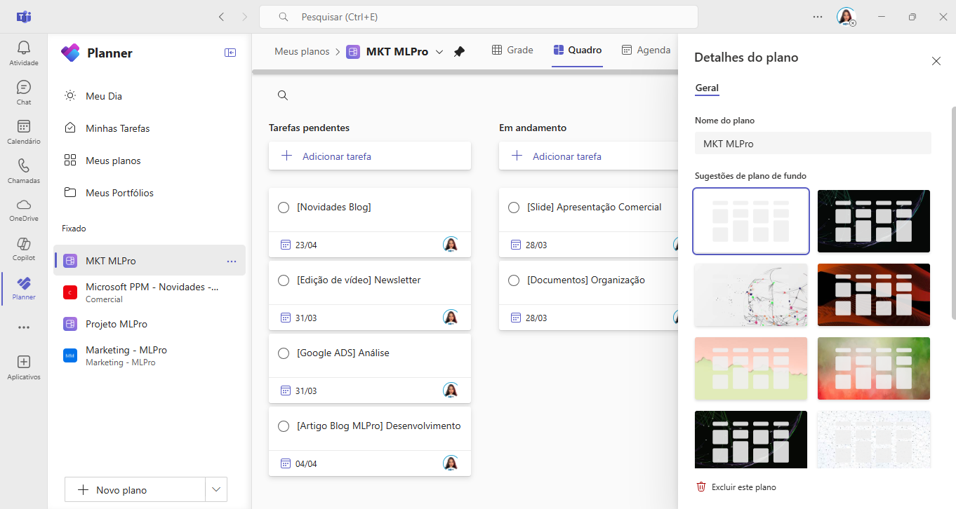Plano de fundo personalizado nos Projetos do Planner