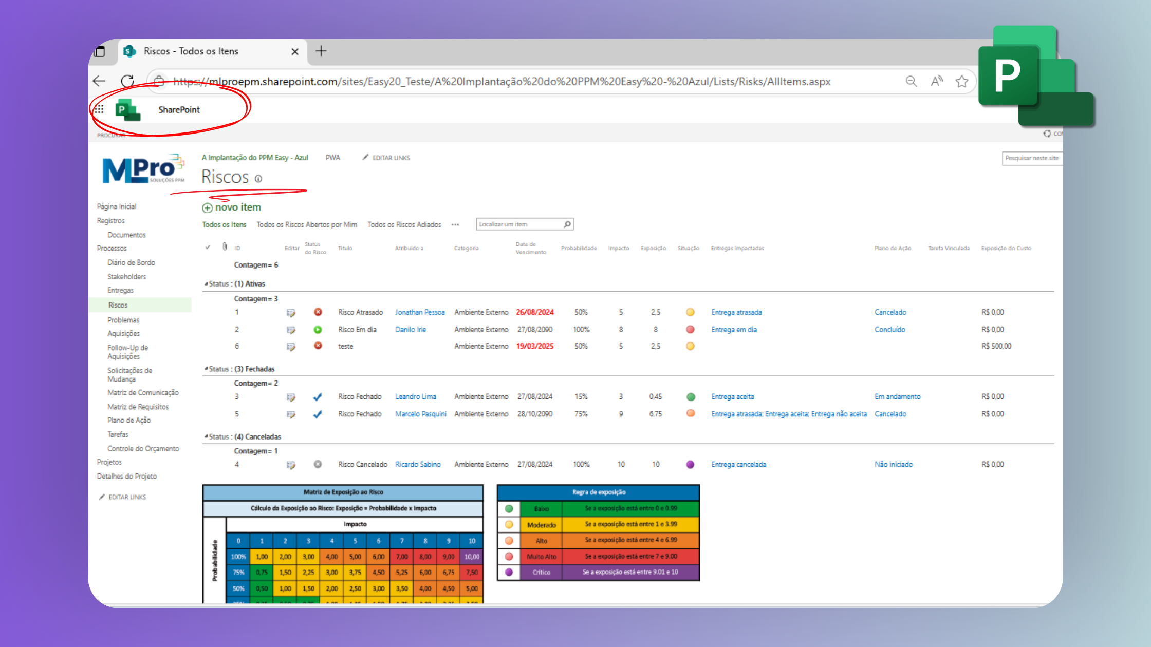 Página de Riscos do Site SharePoint do PWA Página de Riscos do Site SharePoint do PWA