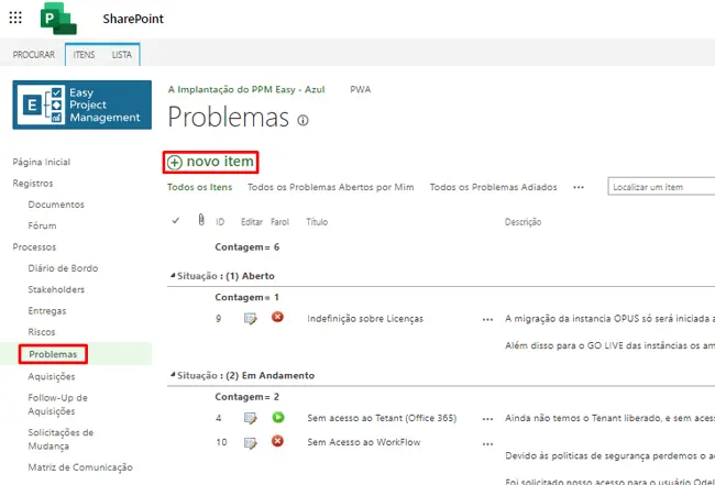 Registar Problemas no Project Online