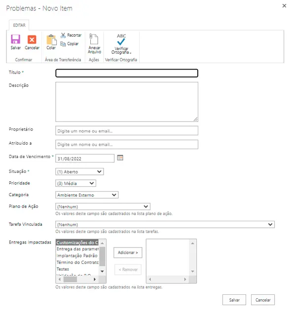 Registar Problemas no Project Online