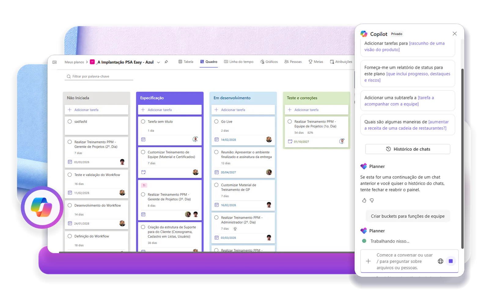 Quadro do Microsoft Planner com painel lateral do Copilot e destaque para a assistência de IA.