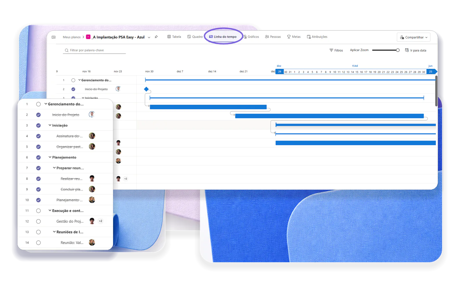 Linha do tempo do Microsoft Planner com tarefas, barras de Gantt, marco e dependências.