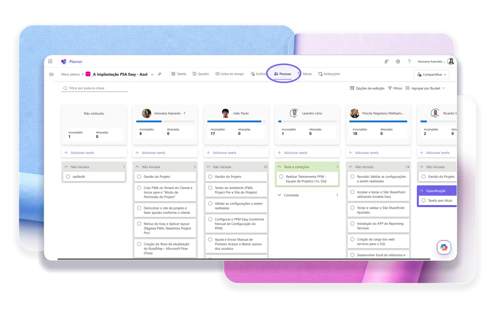 Quadro por pessoas do Microsoft Planner mostrando responsáveis, tarefas atribuídas e atividades não atribuídas.