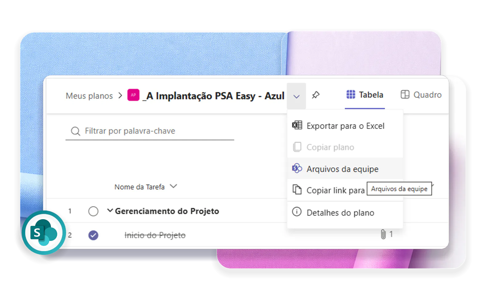 Menu Arquivos da equipe do Microsoft Planner com destaque para a integração com o SharePoint.