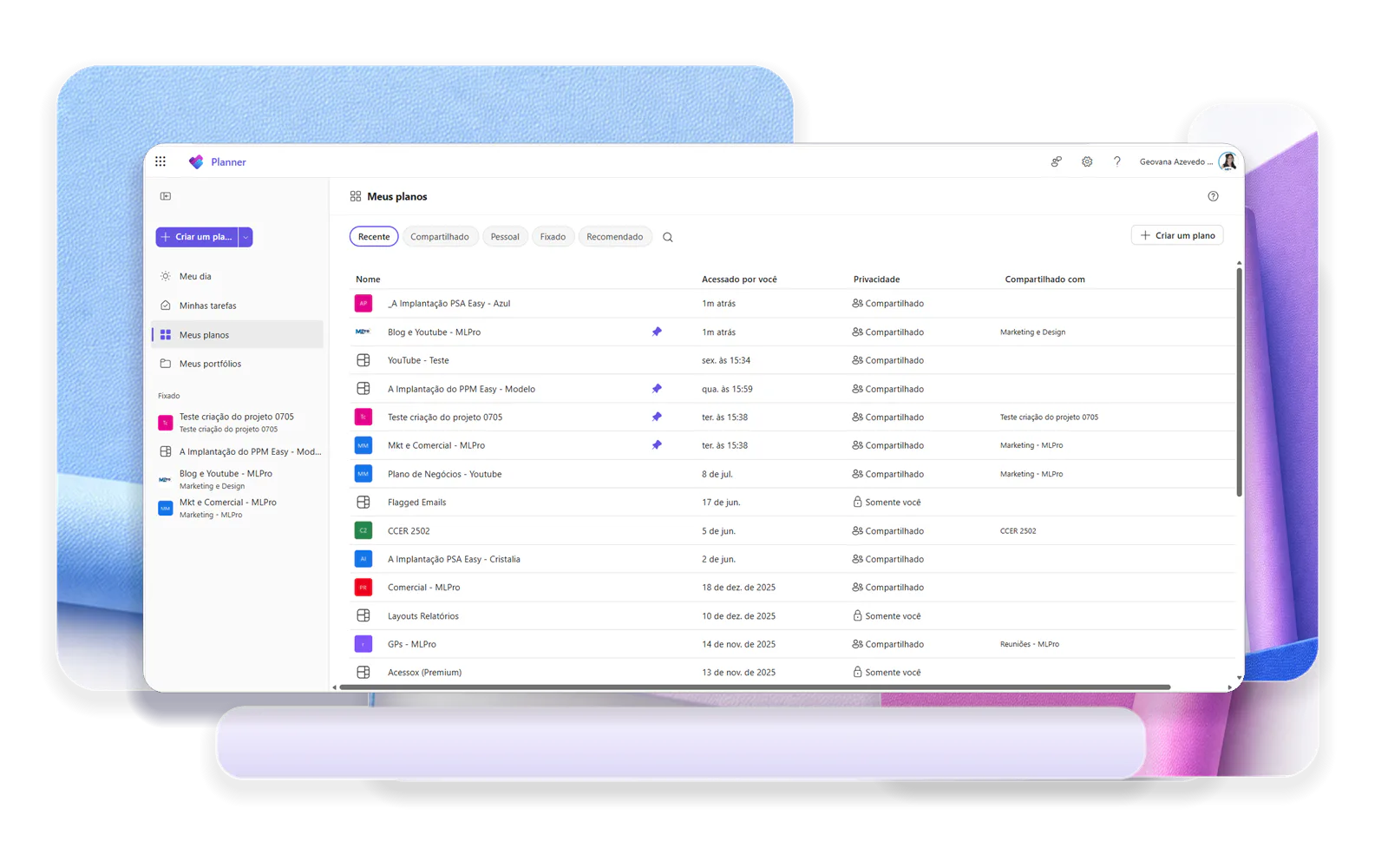 Tela Meus planos do Microsoft Planner com a lista centralizada de planos da organização.