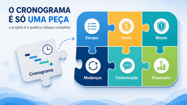 Painel com riscos, problemas, aquisições, mudanças, comunicação e financeiro além do cronograma.