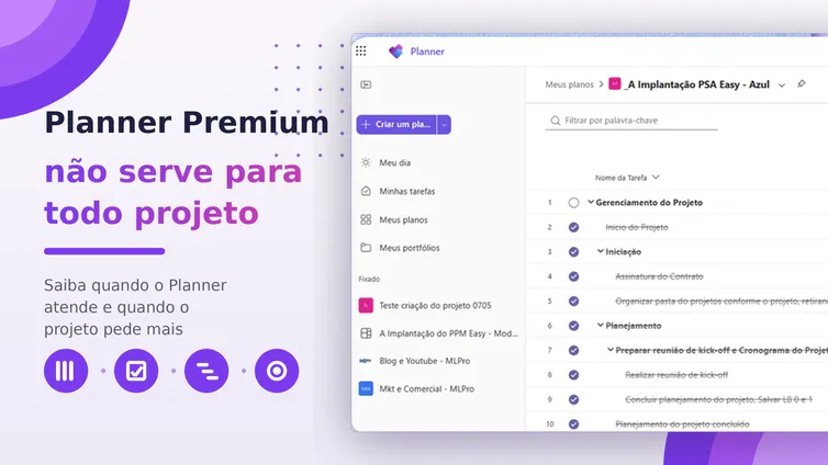 Composição comparando o Planner Premium, o Microsoft Project e a camada de portfólio.